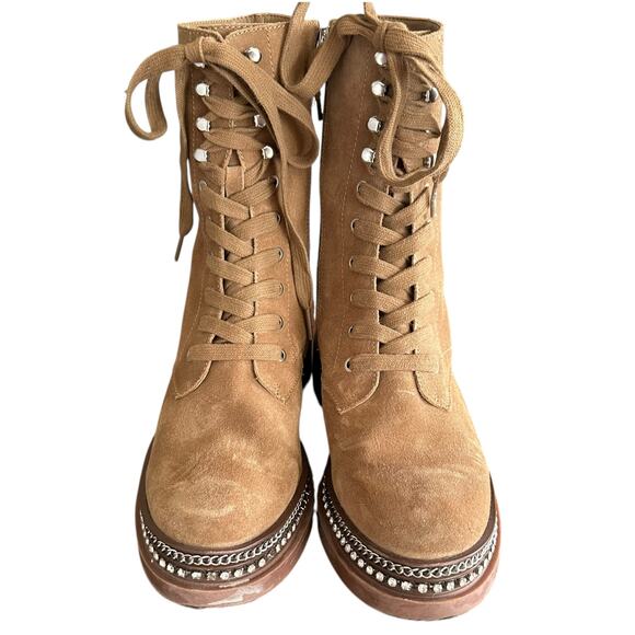 Vince Camuto Women's Branda Lace Up Booties Tan Suede Chains & Rhinestones - 8 - Picture 3 of 11